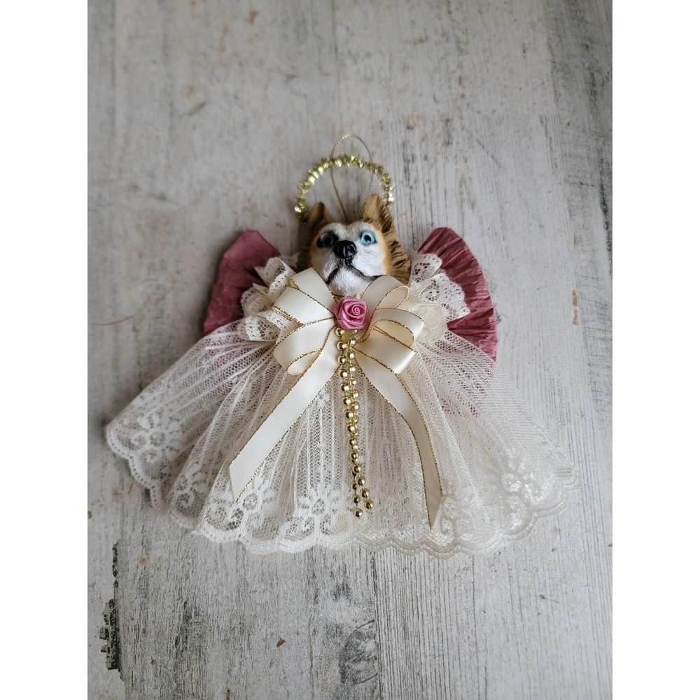 vintage husky dog puppy angel religious ornament lace Xmas home